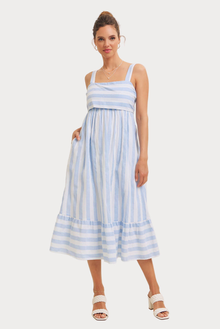 Blue & White Striped Midi Dress | Coastal Square Neck Tiered Dress