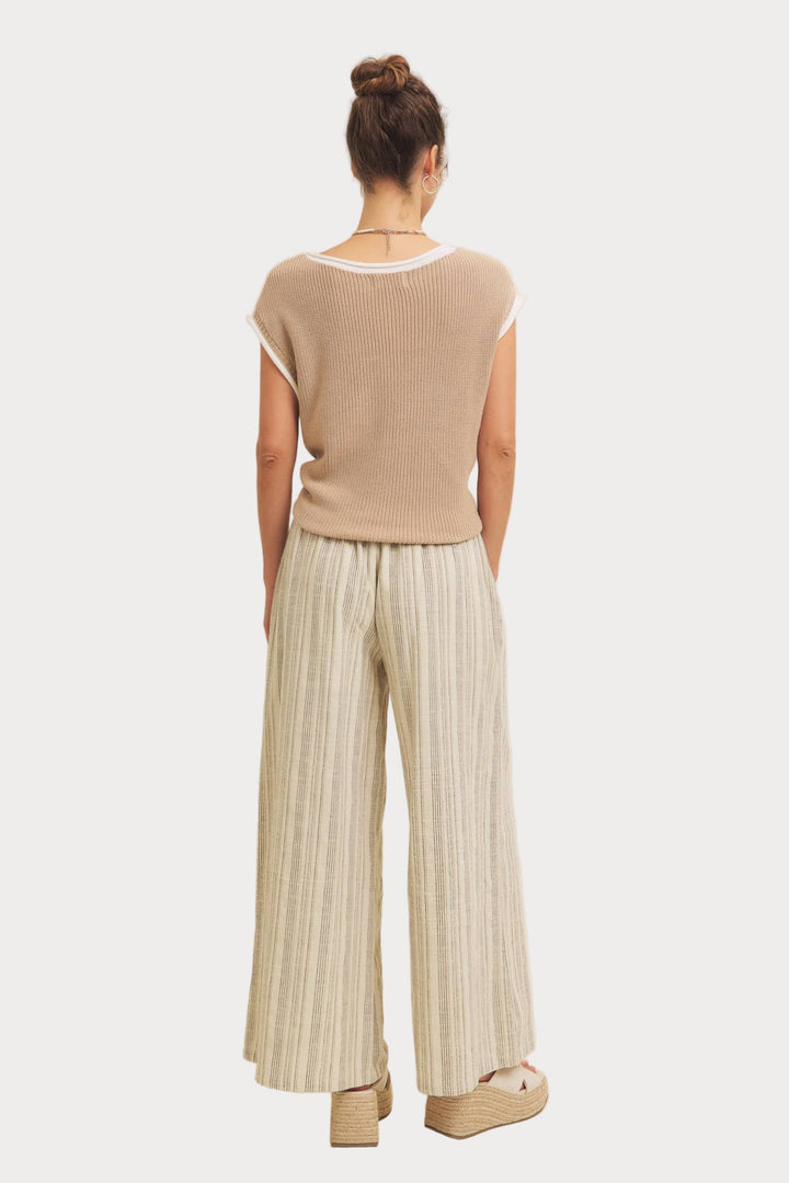 Striped Linen Wide Leg Pants | Cream & Black Drawstring Trousers-Leg Pants