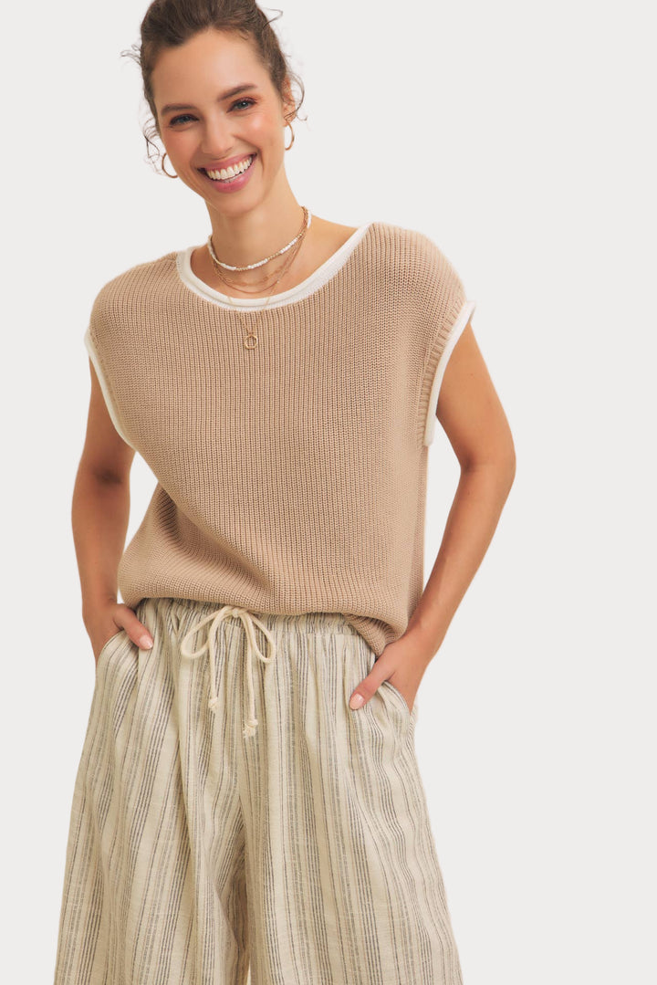 Striped Linen Wide Leg Pants | Cream & Black Drawstring Trousers-Leg Pants