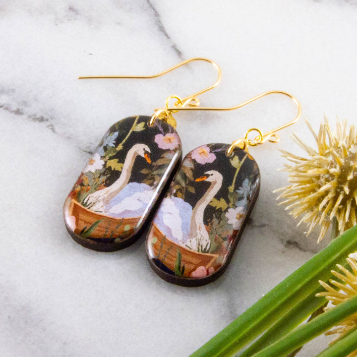 Vintage painted swan oblong wooden earrings with pastel garden florals, brass leaf accents and gold-filled ear wires