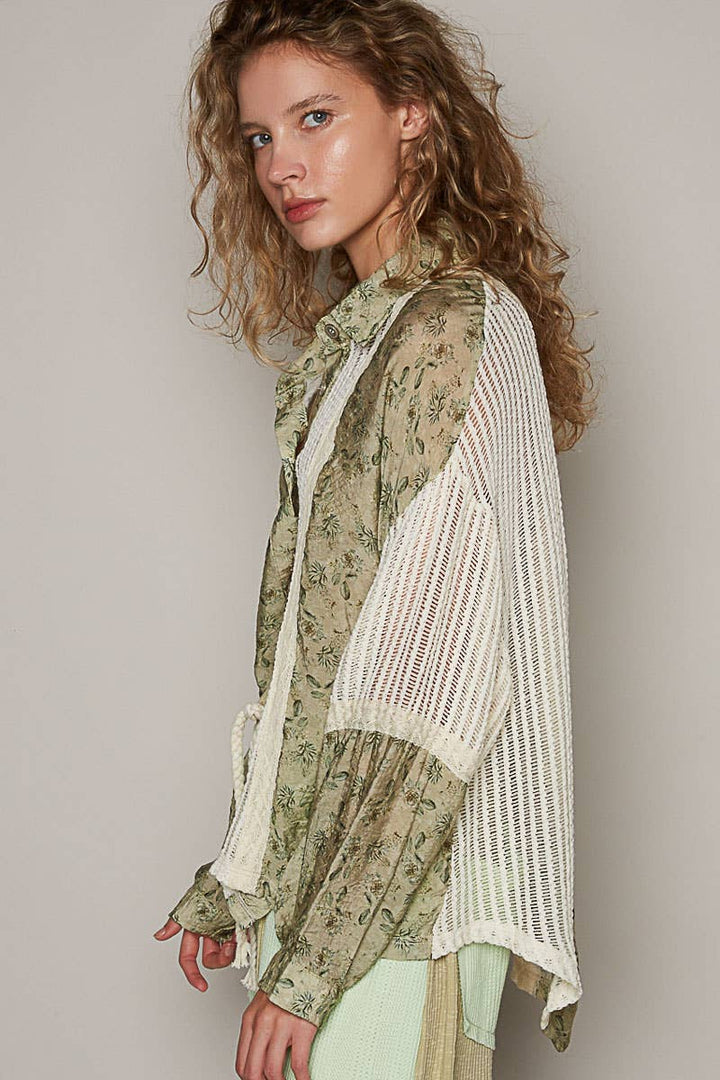 Vintage Olive Floral Button-Up Top with Cream Mesh Panel Accents