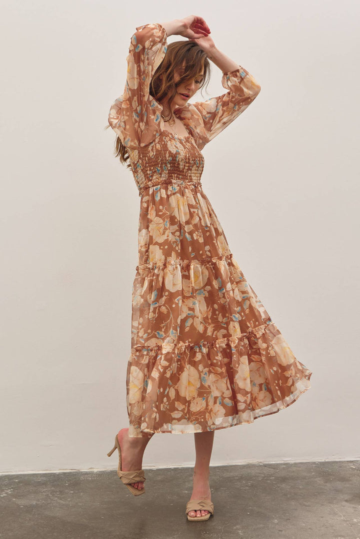 Floral Square Neck Dress w/ Balloon Sleeve