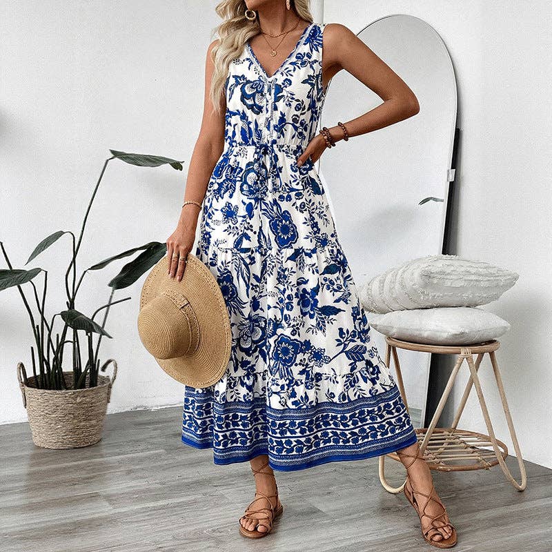 Blue & White Floral Maxi Dress