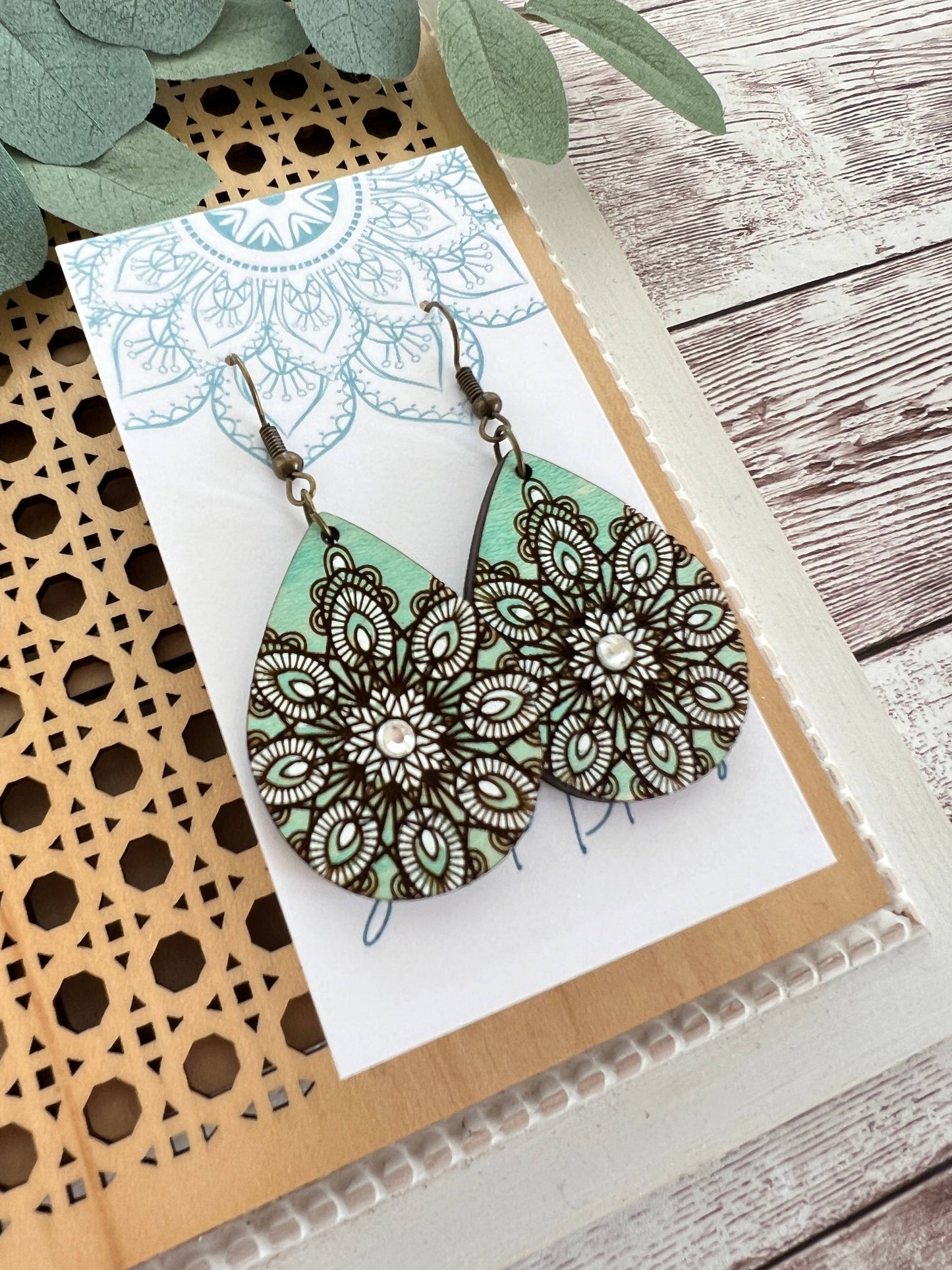 Wooden Earrings - Mandala- Green