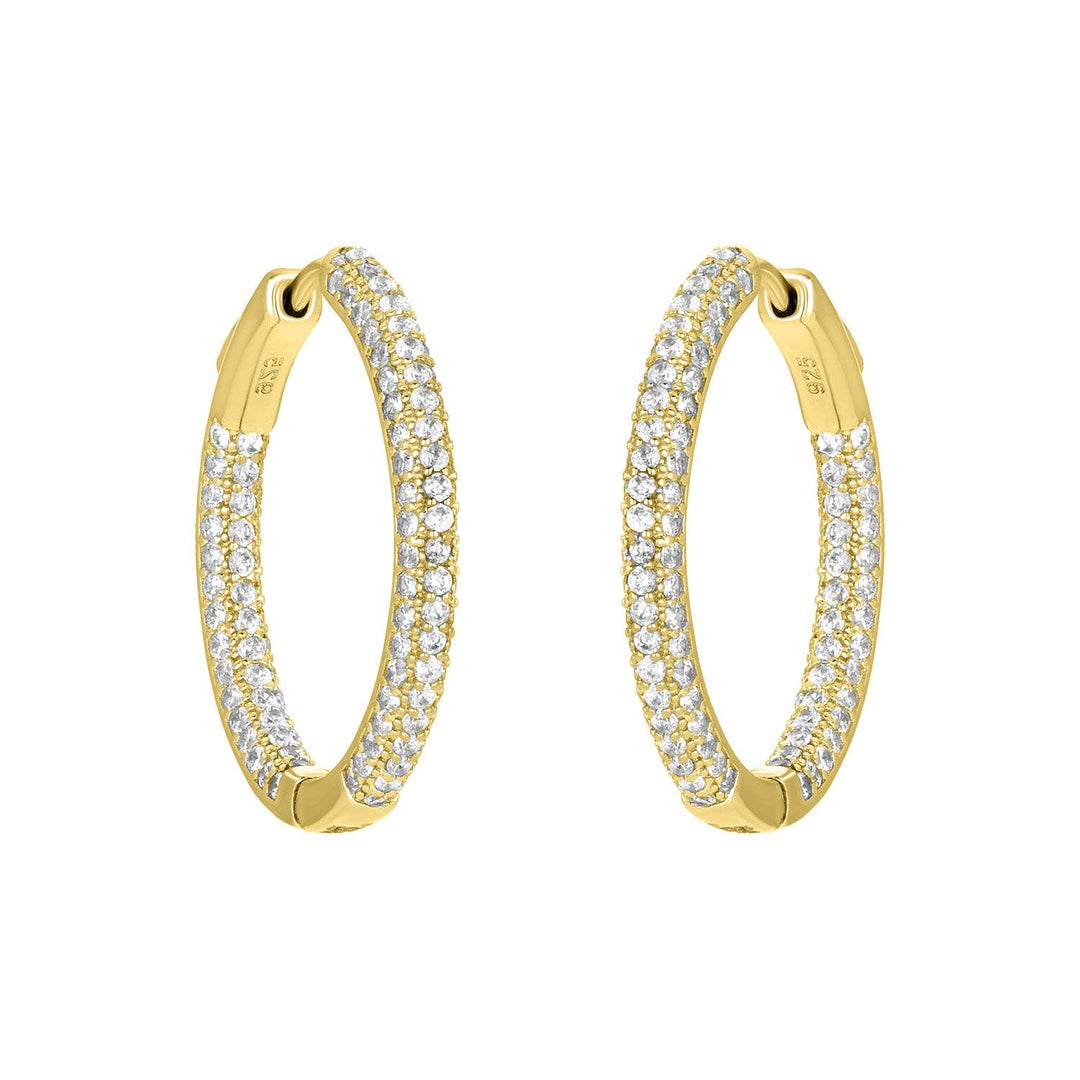 Gold triple-row cubic zirconia hoop earrings with sparkling inside-outside design.