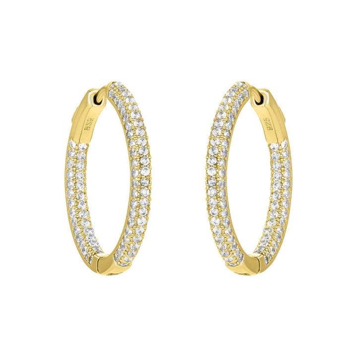 Gold triple-row cubic zirconia hoop earrings with sparkling inside-outside design.
