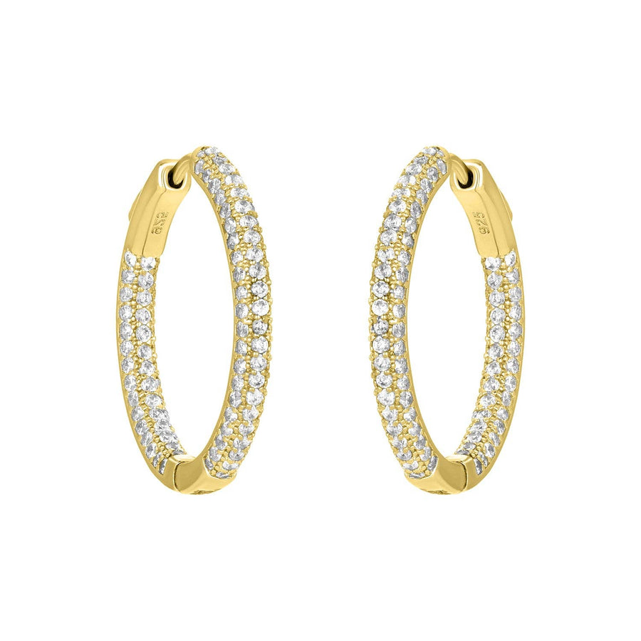 Gold triple-row cubic zirconia hoop earrings with sparkling inside-outside design.