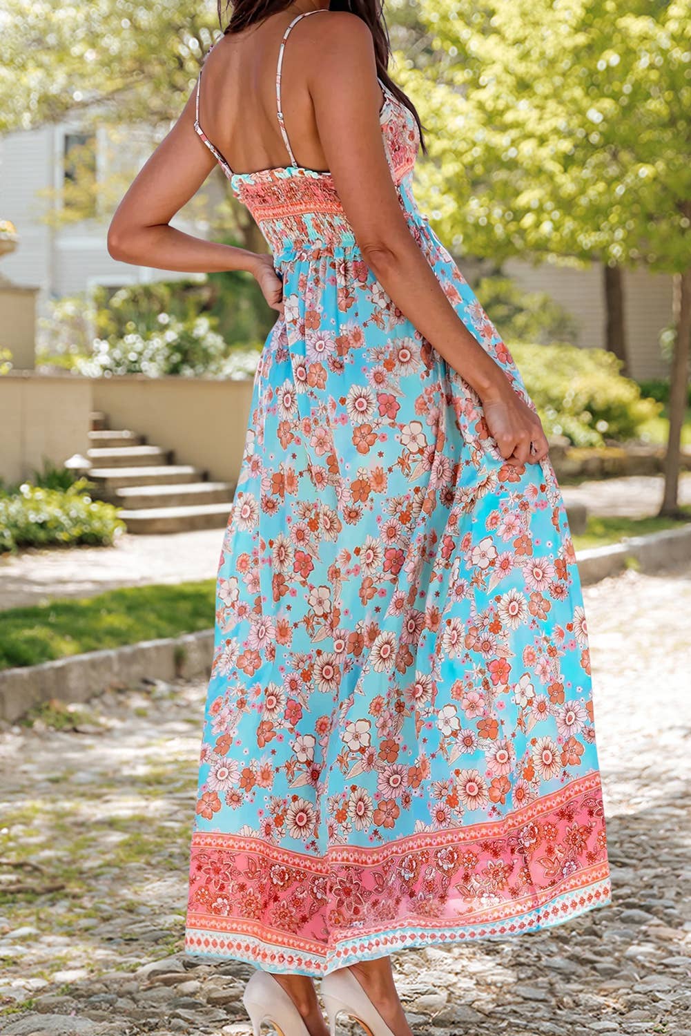 Boho Floral Print Smocked Maxi Dress