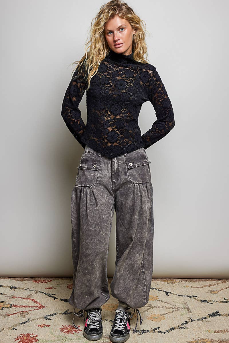 Floral Buttons Shirred Twill Wide Leg Jogger Pants