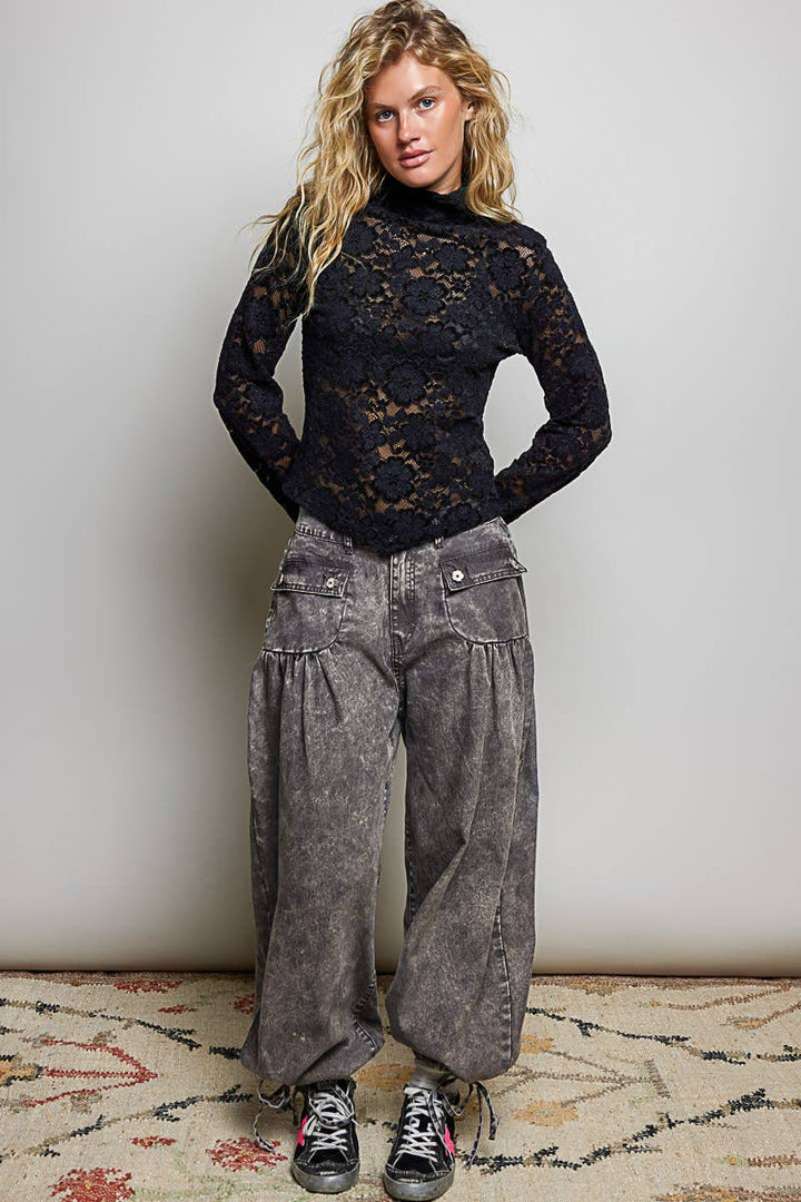 Floral Buttons Shirred Twill Wide Leg Jogger Pants