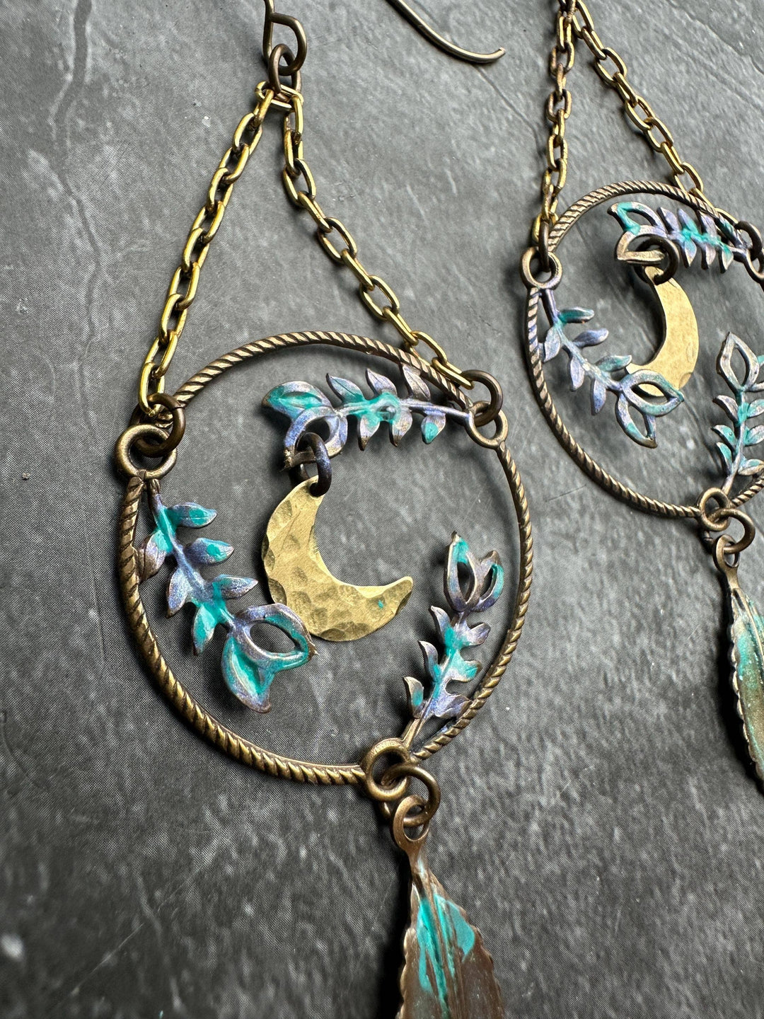 Fern Forest Moon Earrings - Iridescent Patina Brass