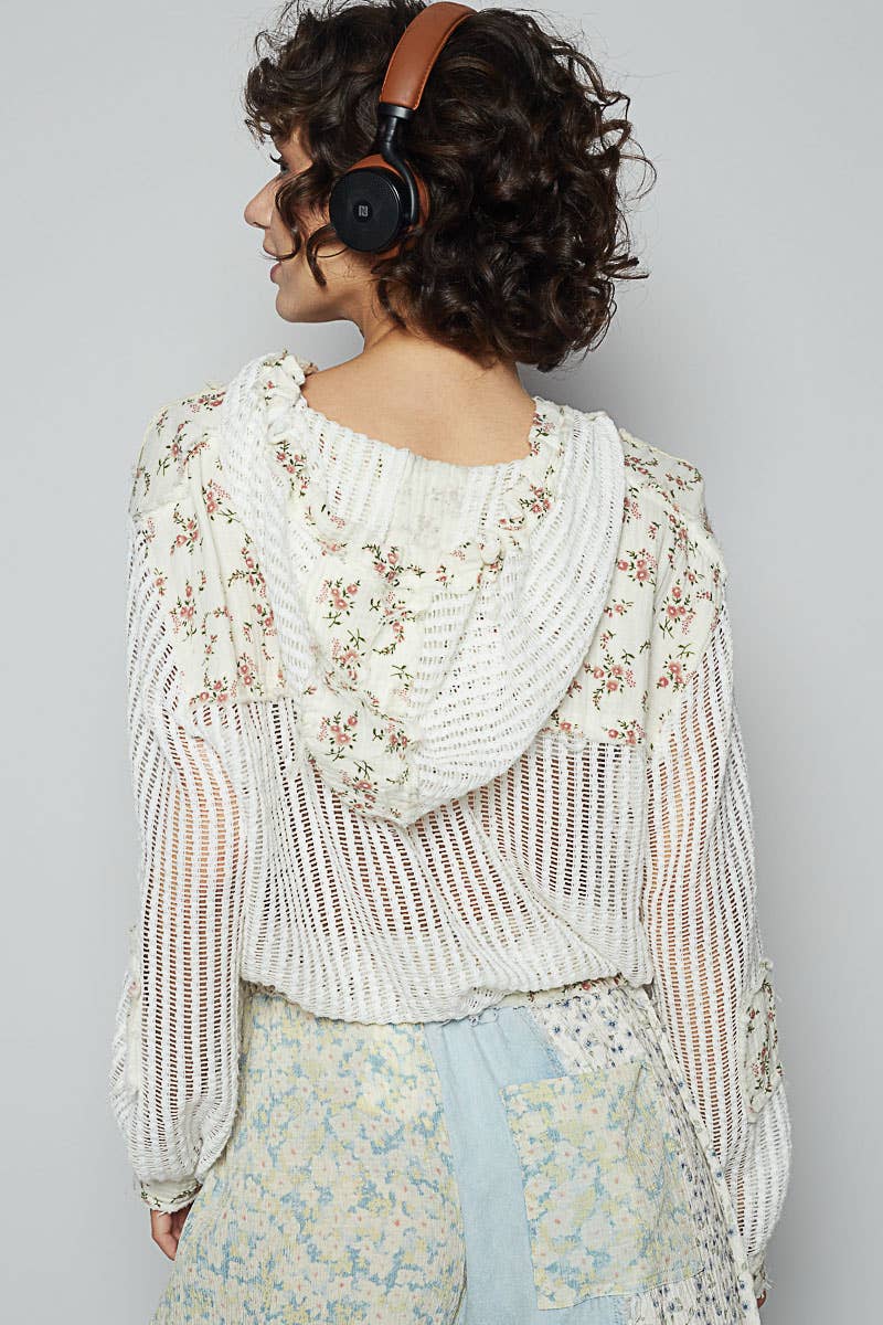 Boho Chic Lilac Mesh Button-Up Top with Floral Patchwork Detail