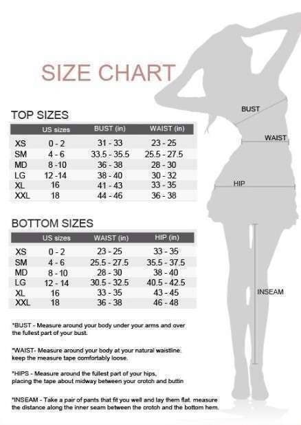 Size chart for top and bottom measurements with a silhouette of a person.