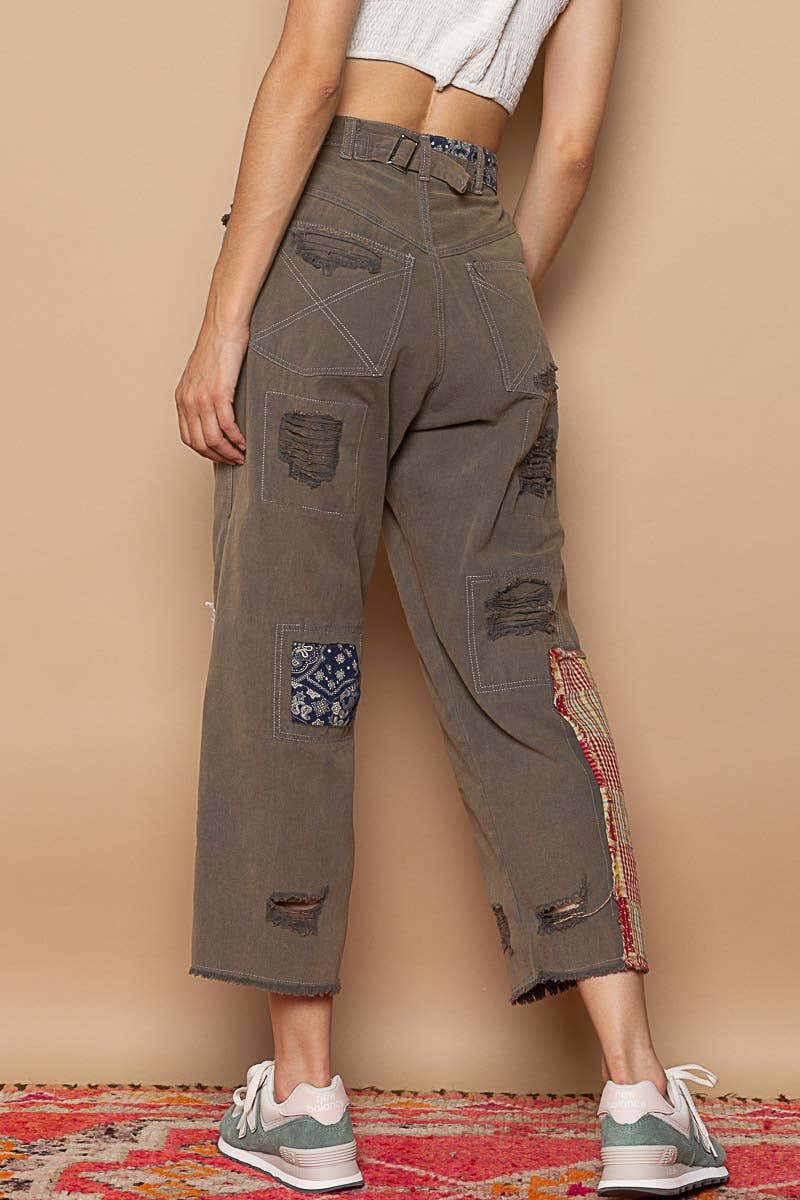 Patch work detail ankle length denim pants