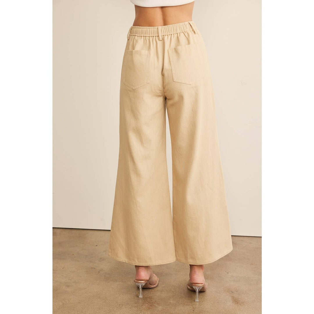 Tan Wide Leg Crop Pants | High-Waisted Drawstring Pants