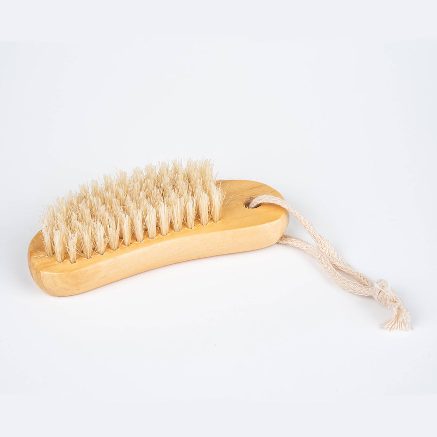 cedar wood nail brush with natural bristles and cotton hanging loop