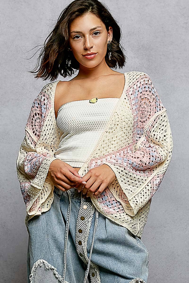Crochet granny square cardigan with open front and relaxed fit