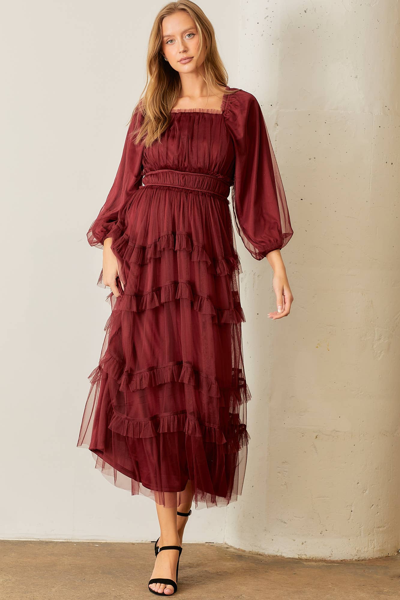 Sheer Ruffle Tiered Tulle Long Sleeve Dress