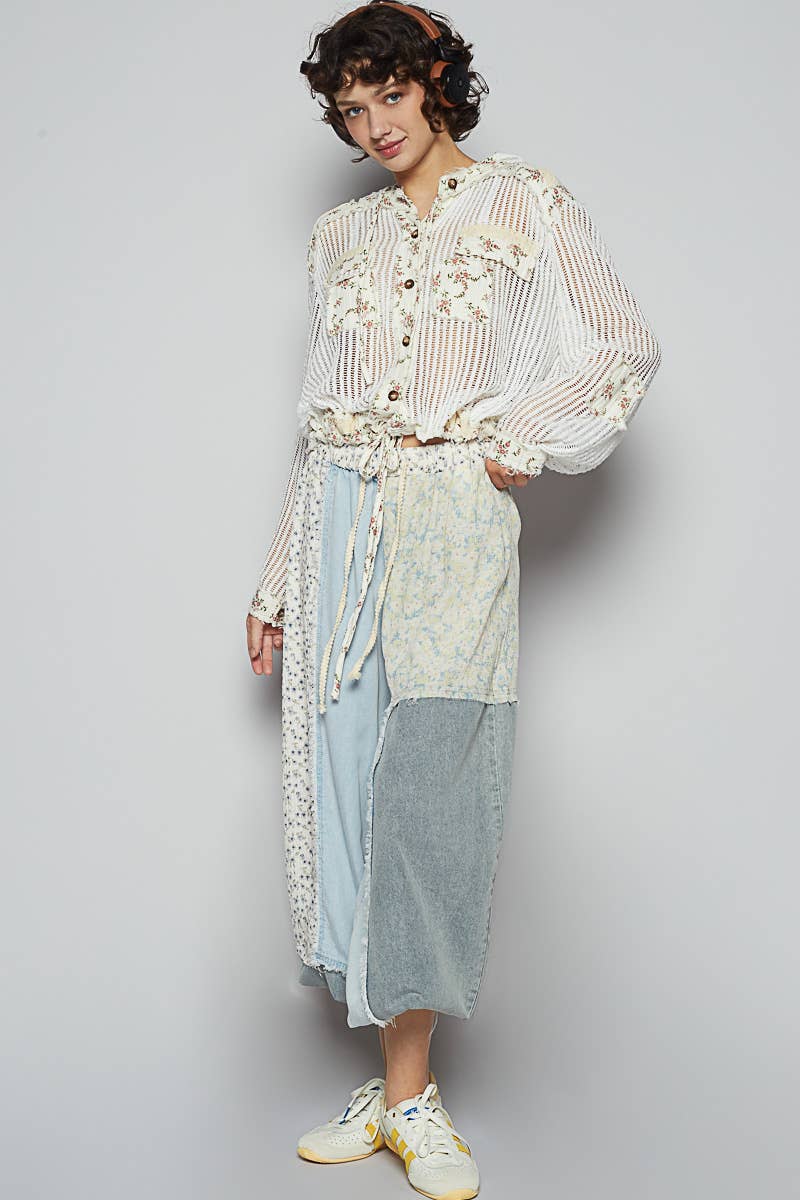 Boho Chic Lilac Mesh Button-Up Top with Floral Patchwork Detail