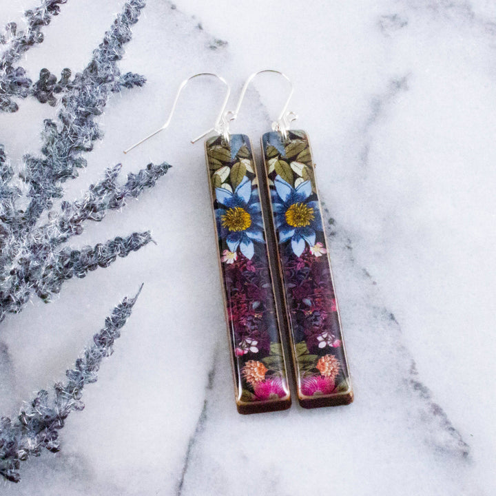 Modern meadow floral wood bar earrings in blue purple pink and green with sterling silver ear wires