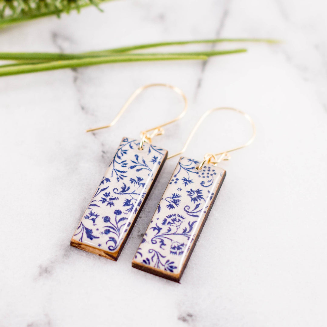 Blue and white petite floral rectangle wood earrings with vintage Japanese paper and gold-filled ear wires