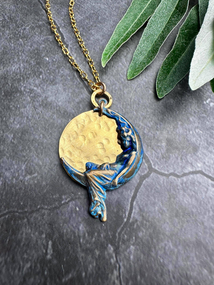 Moon Goddess Necklace, Celestial Brass Pendant with Blue Pat