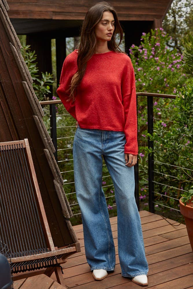 W2114 | Knit Sweater Rolled Round Neck Pullover Top