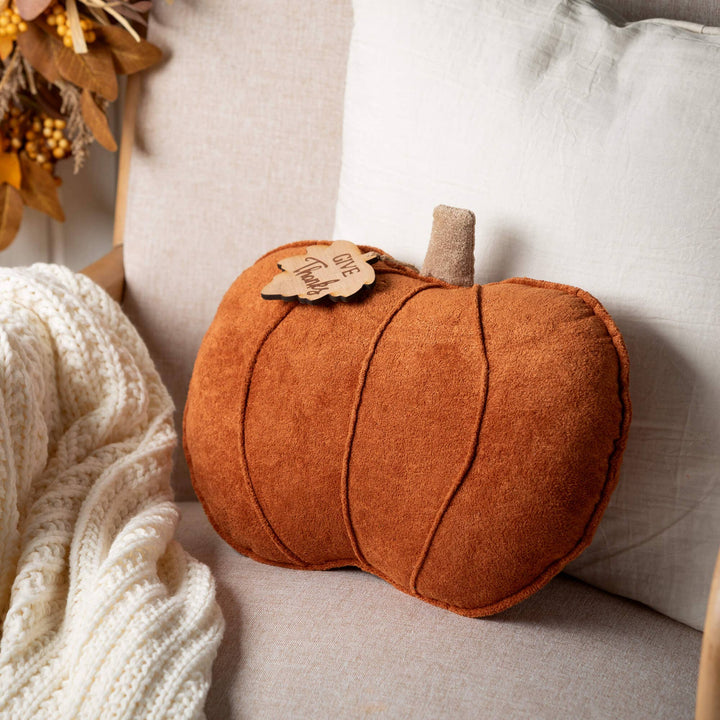 Pumpkin Pillow with "Give Thanks" Wooden Leaf Tag