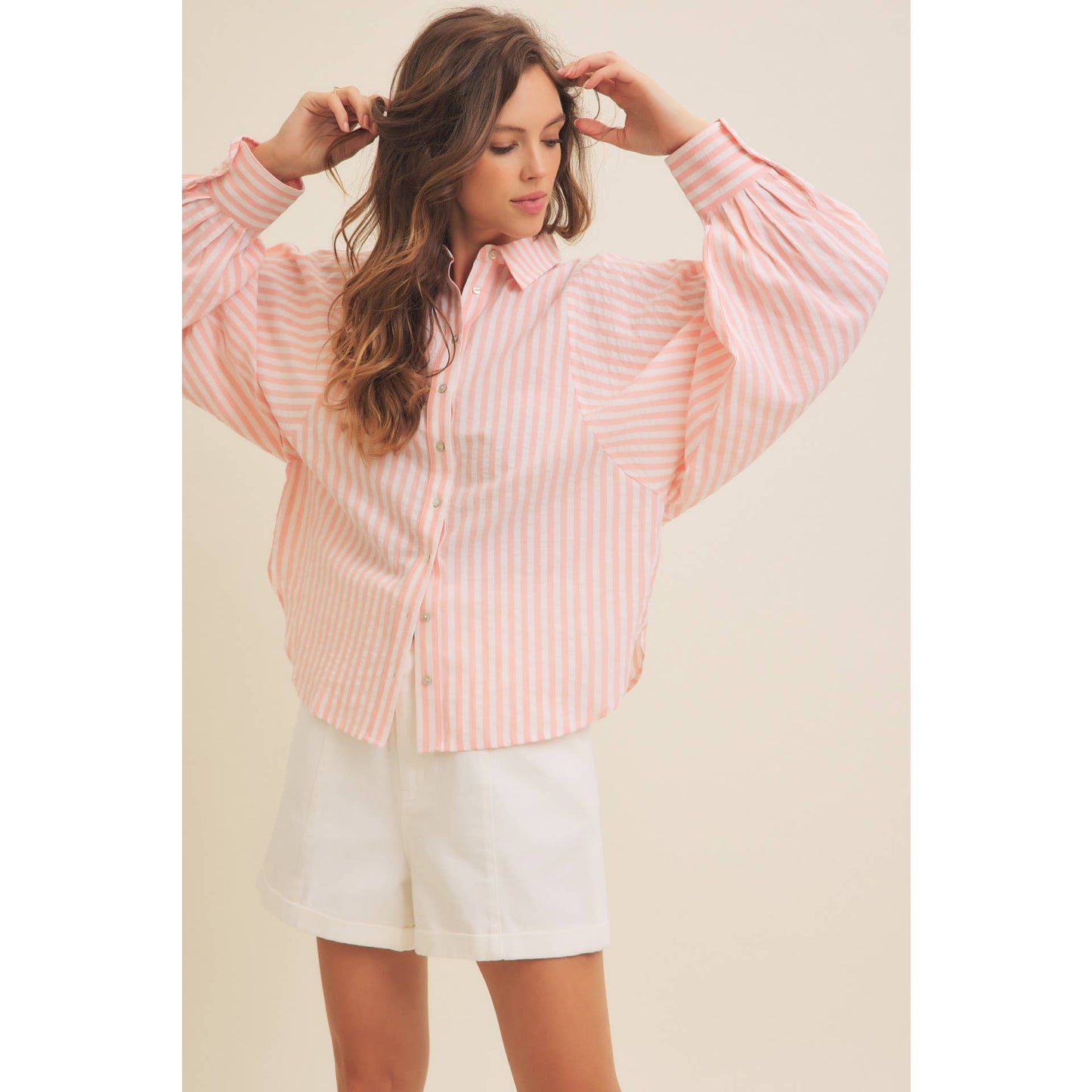 VOLUMINOUS SLEEVED BUTTON-DOWN COTTON STRIPE SHIRT