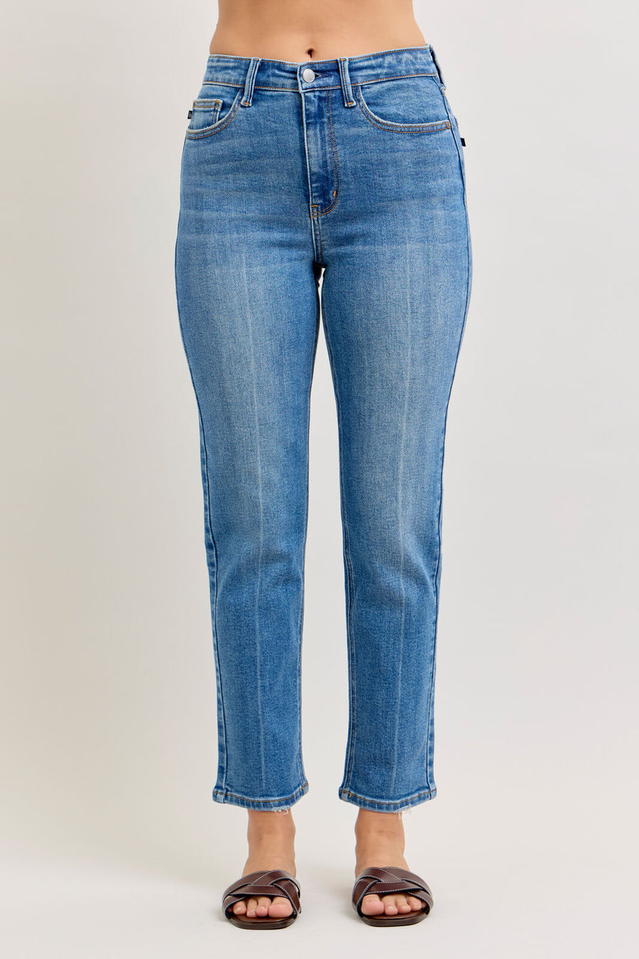 Front view of Judy Blue high waist ankle straight leg jeans with ankle-length cut