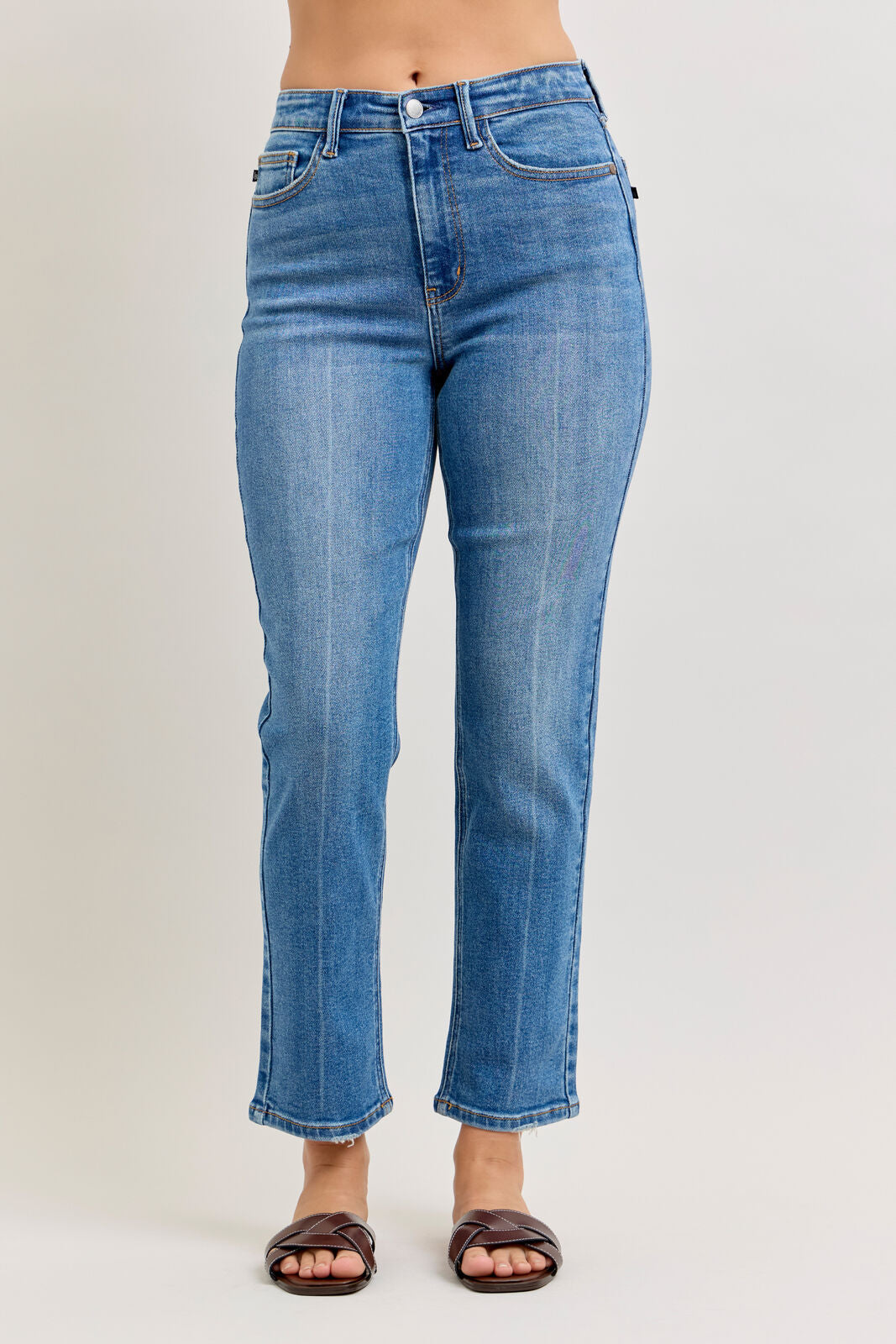 Front view of Judy Blue high waist ankle straight leg jeans with ankle-length cut