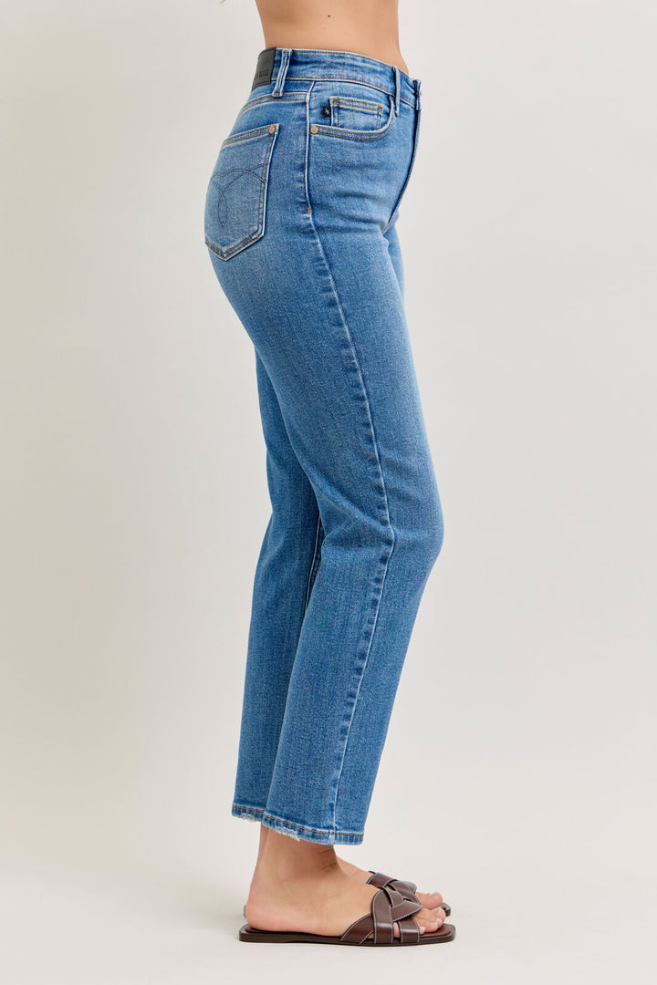 Side view of Judy Blue high waist ankle straight leg jeans showing straight leg fit