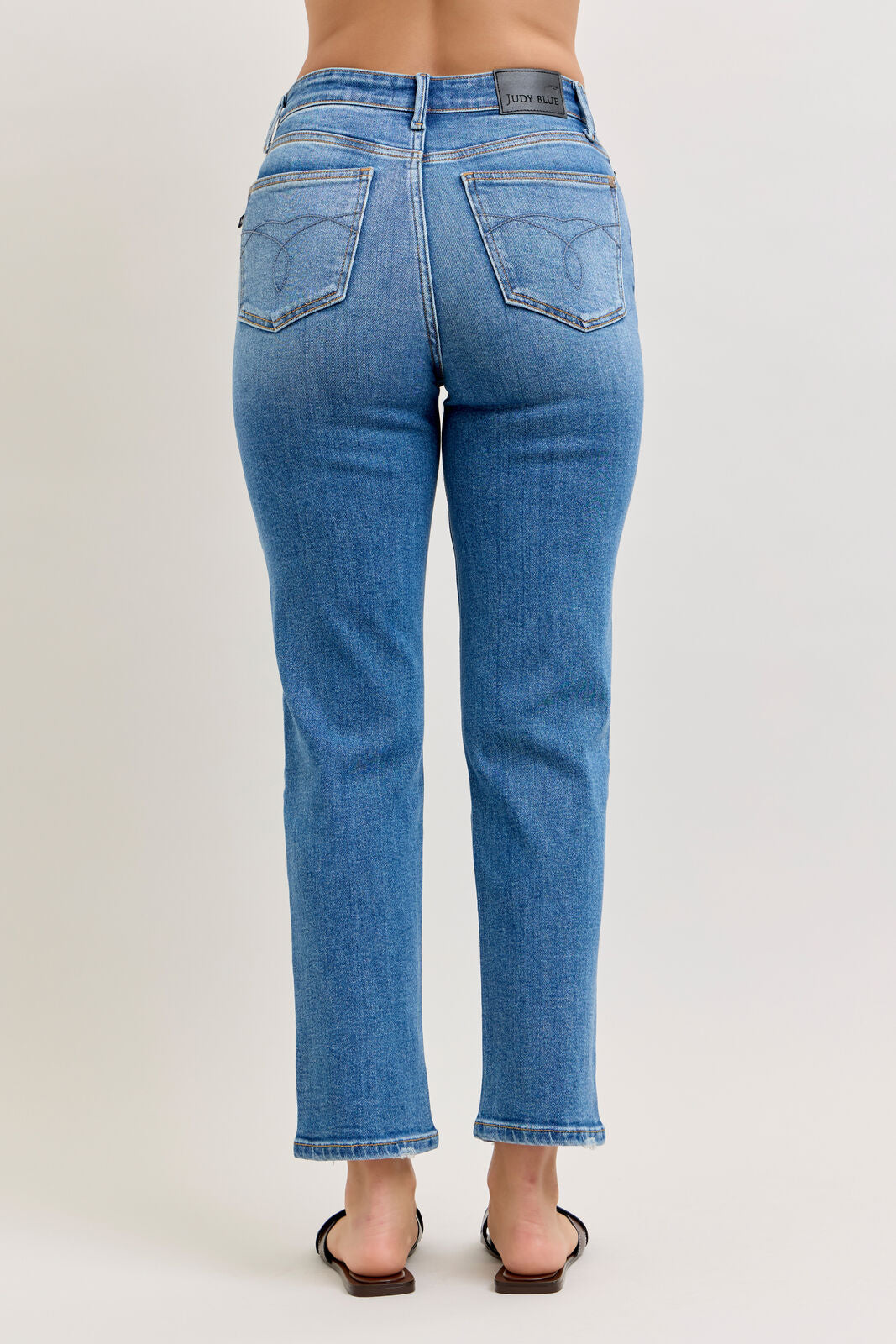 Back view of Judy Blue high waist ankle straight leg jeans with classic pocket detail