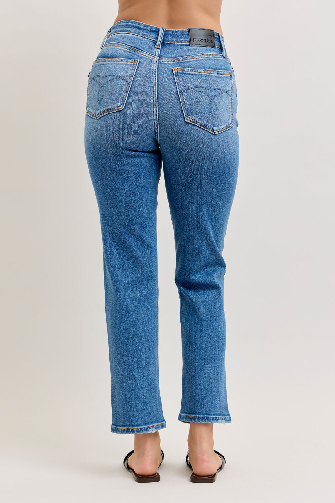 Back view of Judy Blue high waist ankle straight leg jeans with classic pocket detail