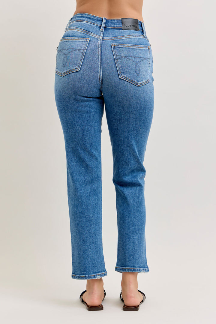 Back view of Judy Blue high waist ankle straight leg jeans with classic pocket detail