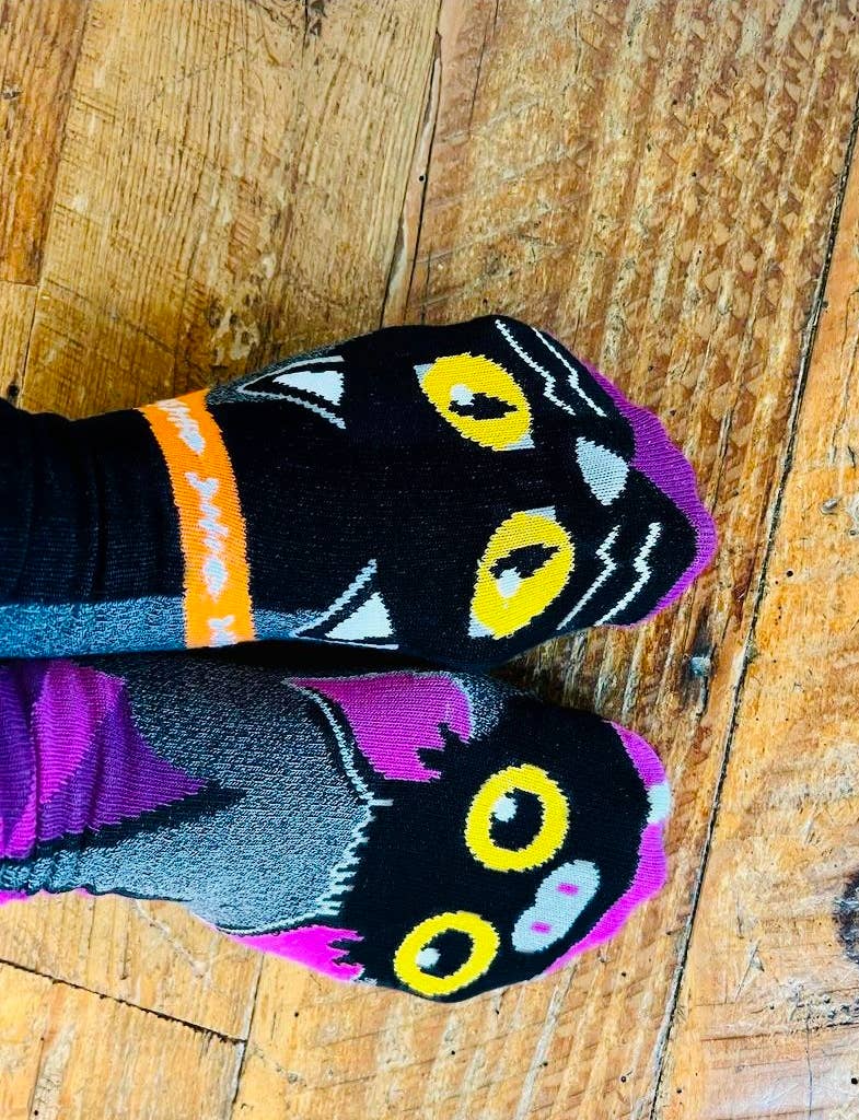 Bat & Black Cat Mismatched Halloween Socks for Adults