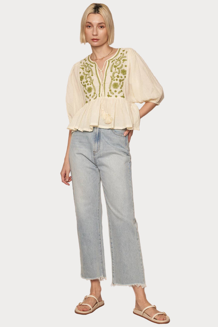 Boho Embroidered Peplum Top | Cream & Green Tie-Neck Blouse