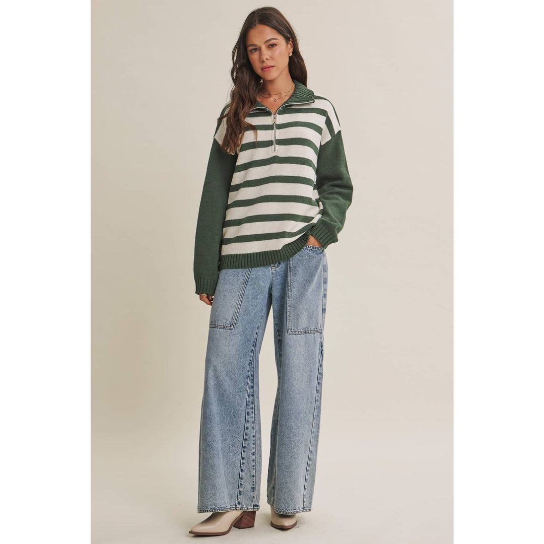 EVERGREEN DAYS CLASSIC HALF ZIP STRIPE PULLOVER SWEATER