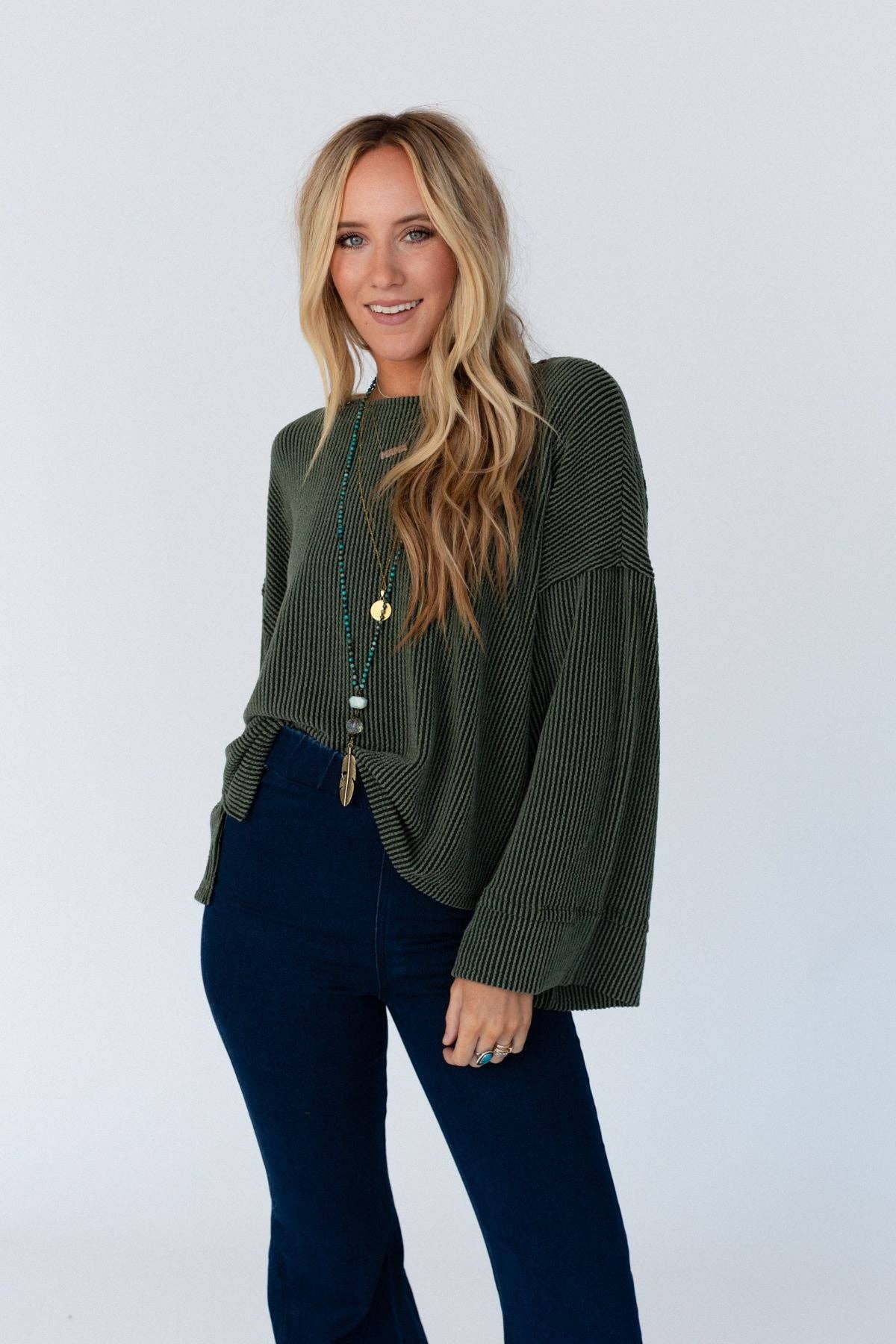 Love It Round Neckline Textured Top - Olive