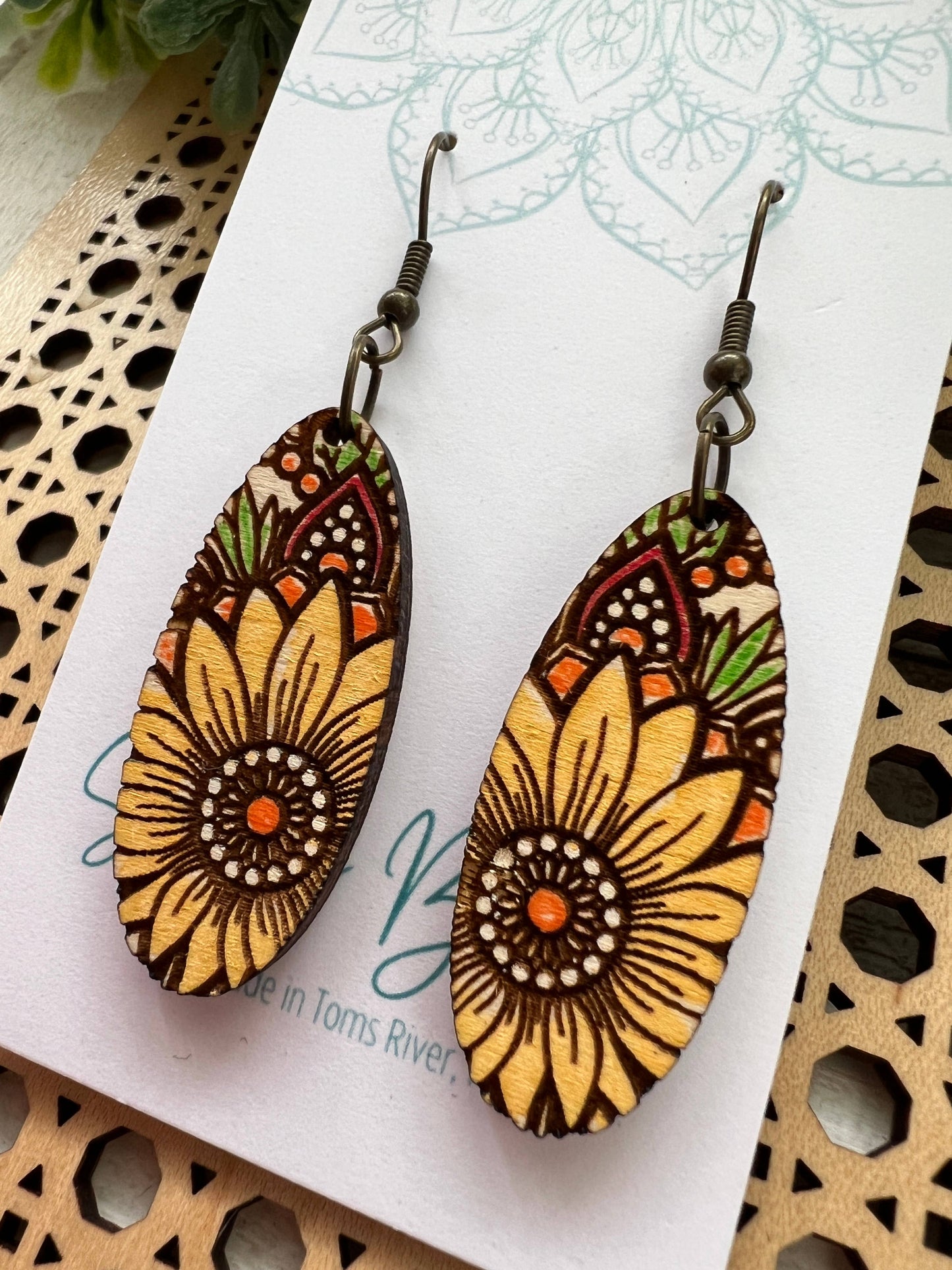 Wooden Earrings - Sunflower Mandala Oval