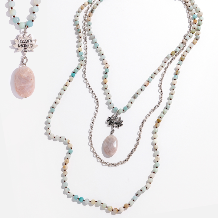 Have Faith Lotus Amazonite & Peach Quartz Necklace
