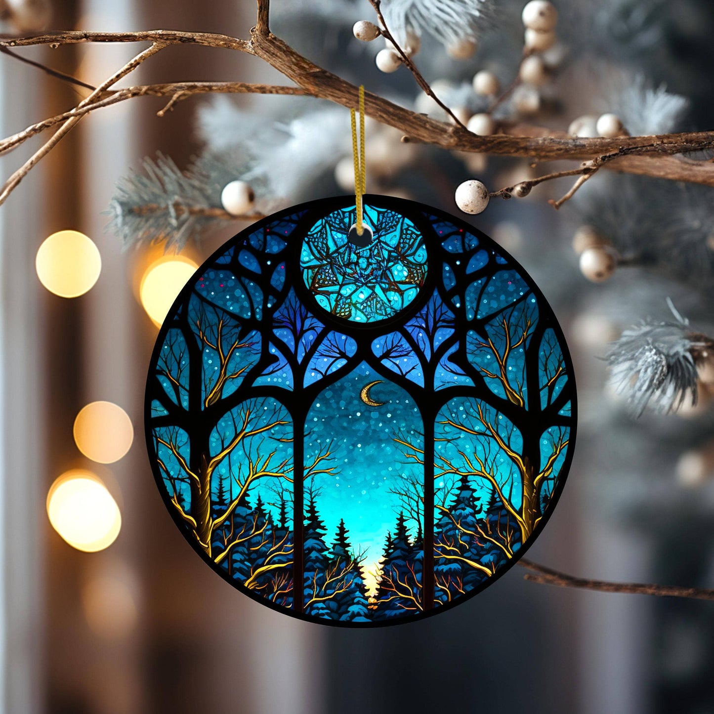 Winter Night Ceramic Ornament with Stained Glass Design