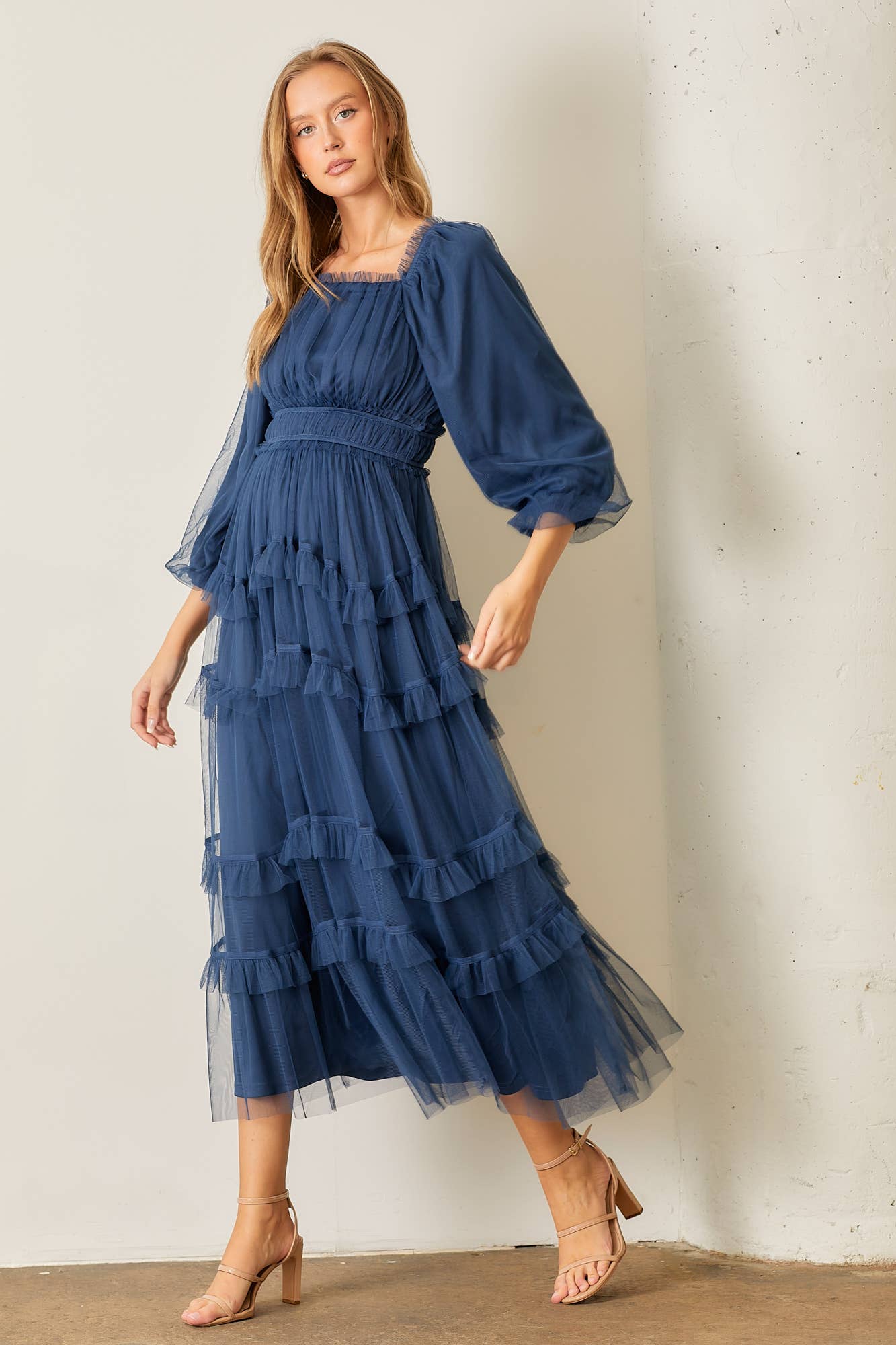 Sheer Ruffle Tiered Tulle Long Sleeve Dress