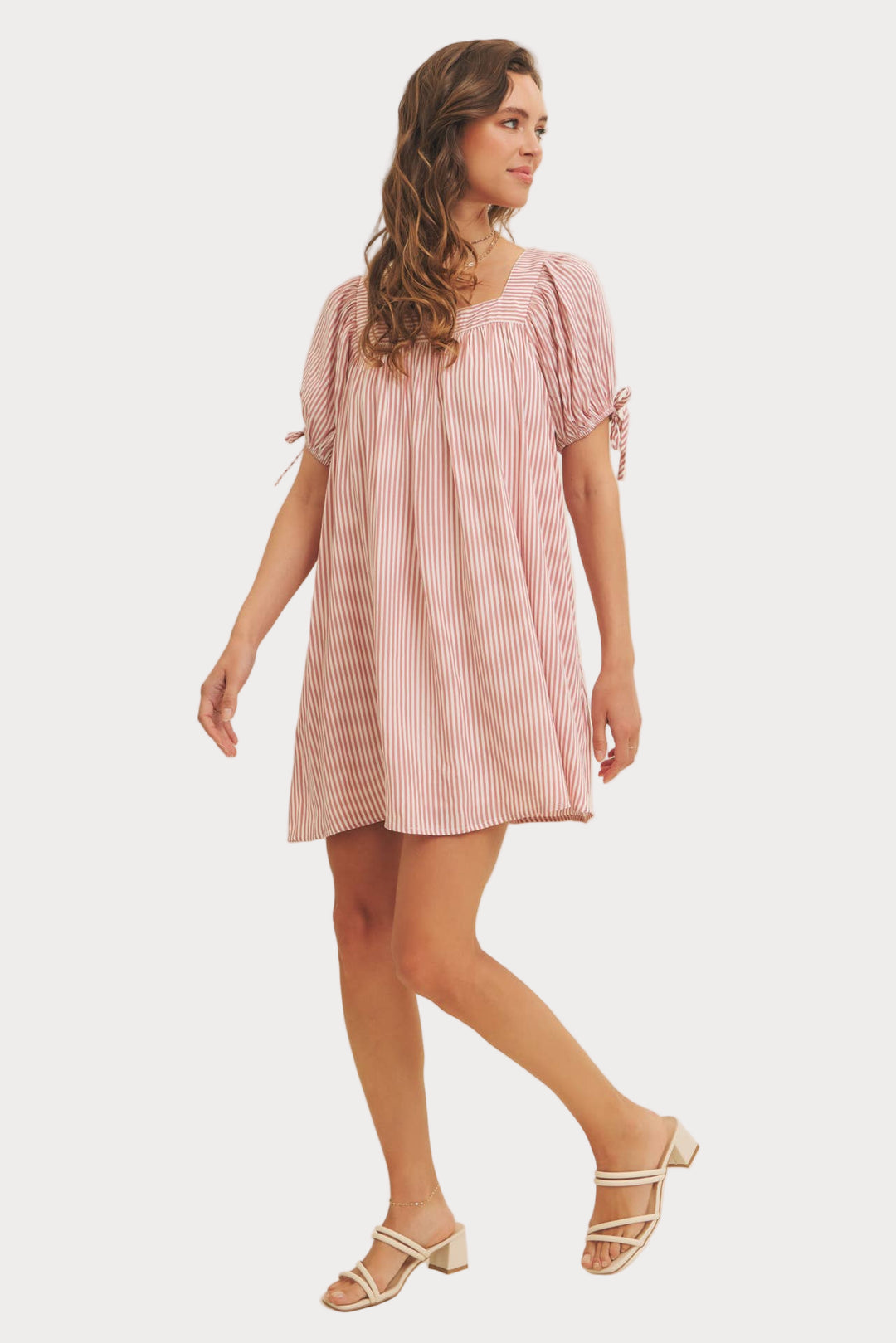 Striped Puff Sleeve Mini Dress | Red & White Square Neck Babydoll Dress