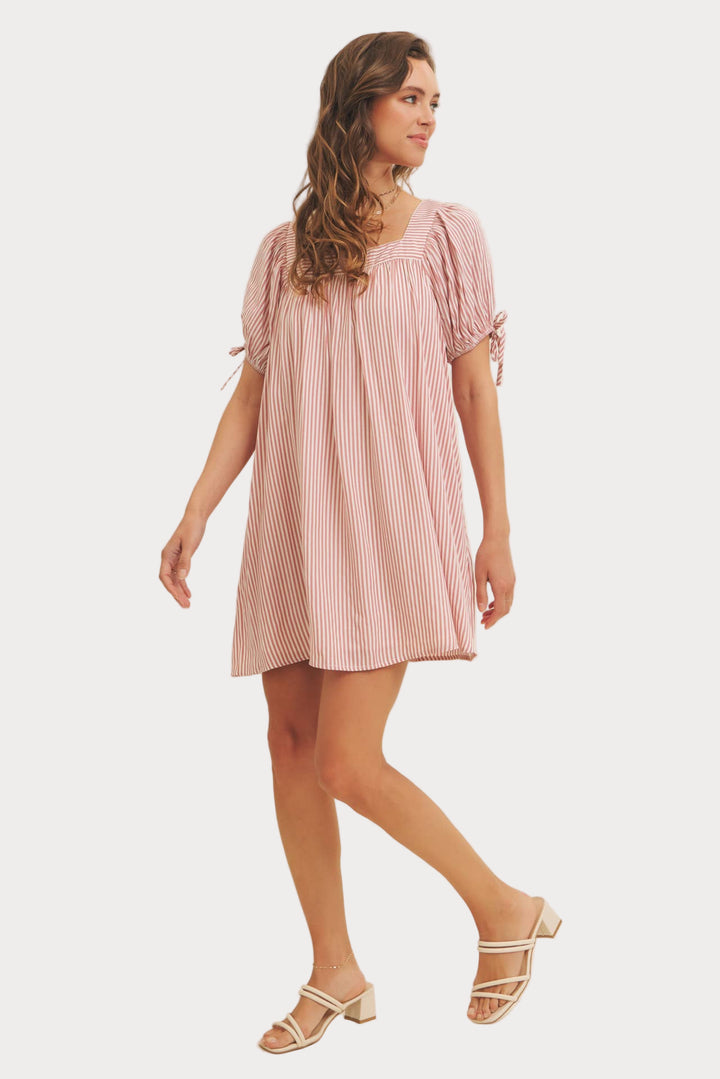 Striped Puff Sleeve Mini Dress | Red & White Square Neck Babydoll Dress