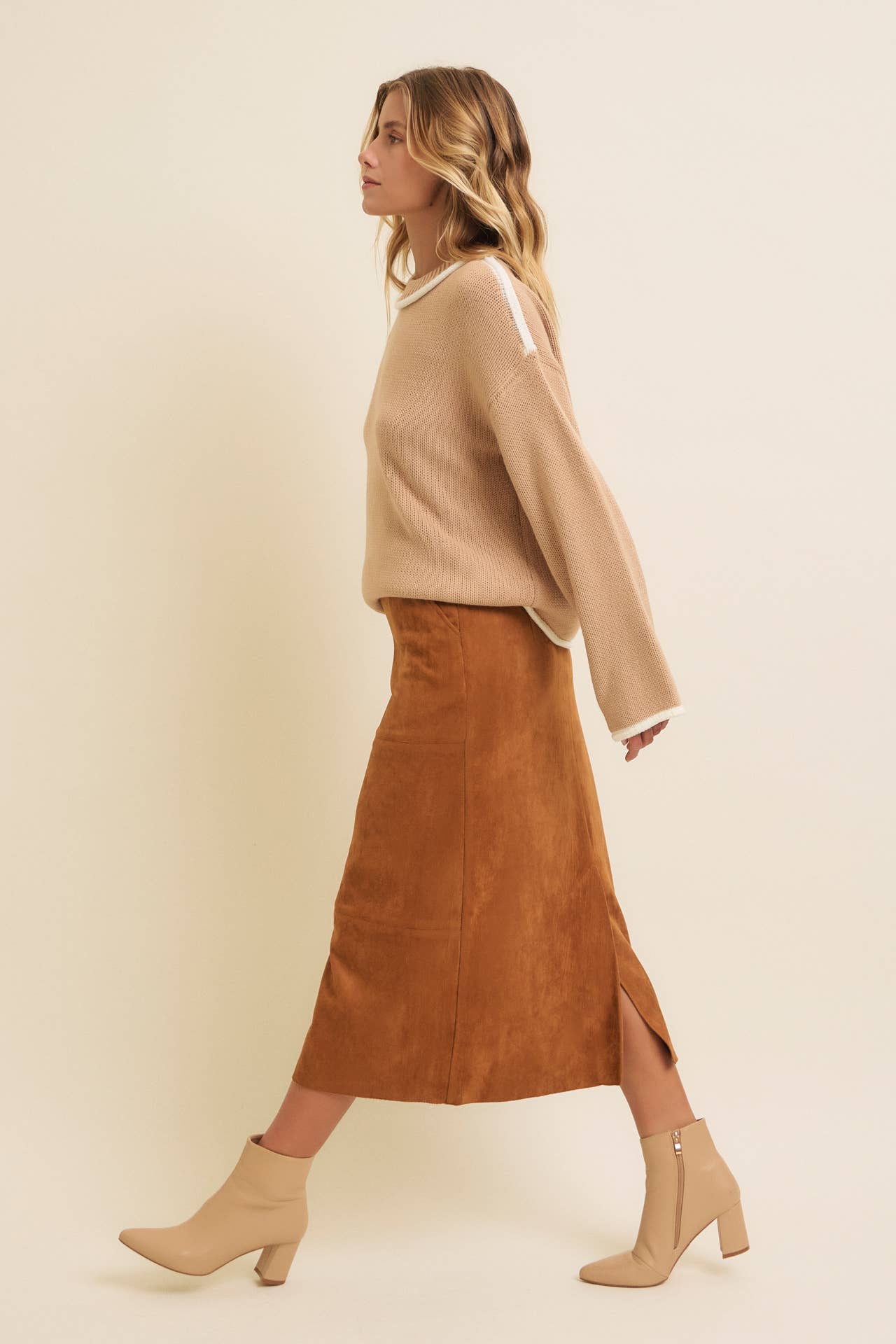 SUPER SOFT SUEDE GRID MIDI SKIRT WITH BACK SLIT