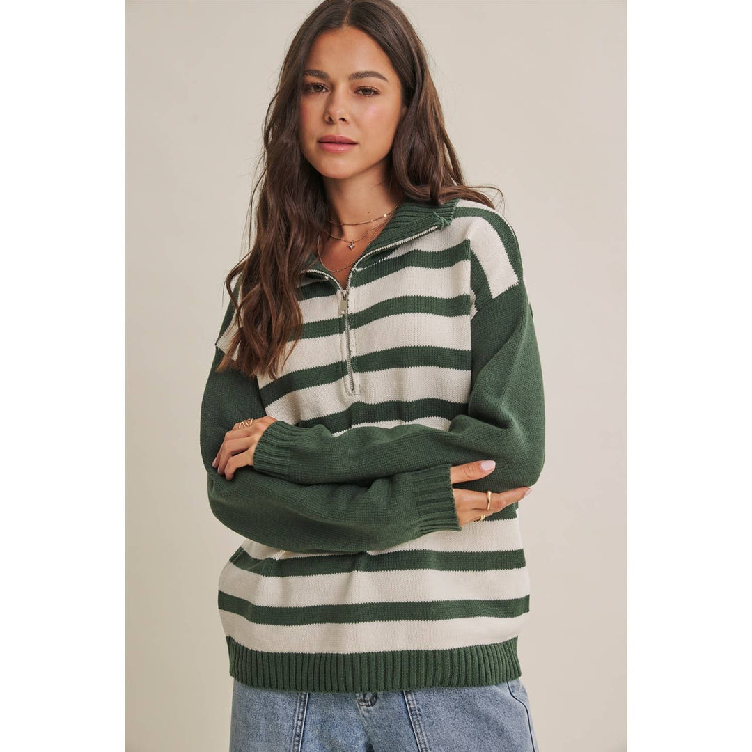 EVERGREEN DAYS CLASSIC HALF ZIP STRIPE PULLOVER SWEATER