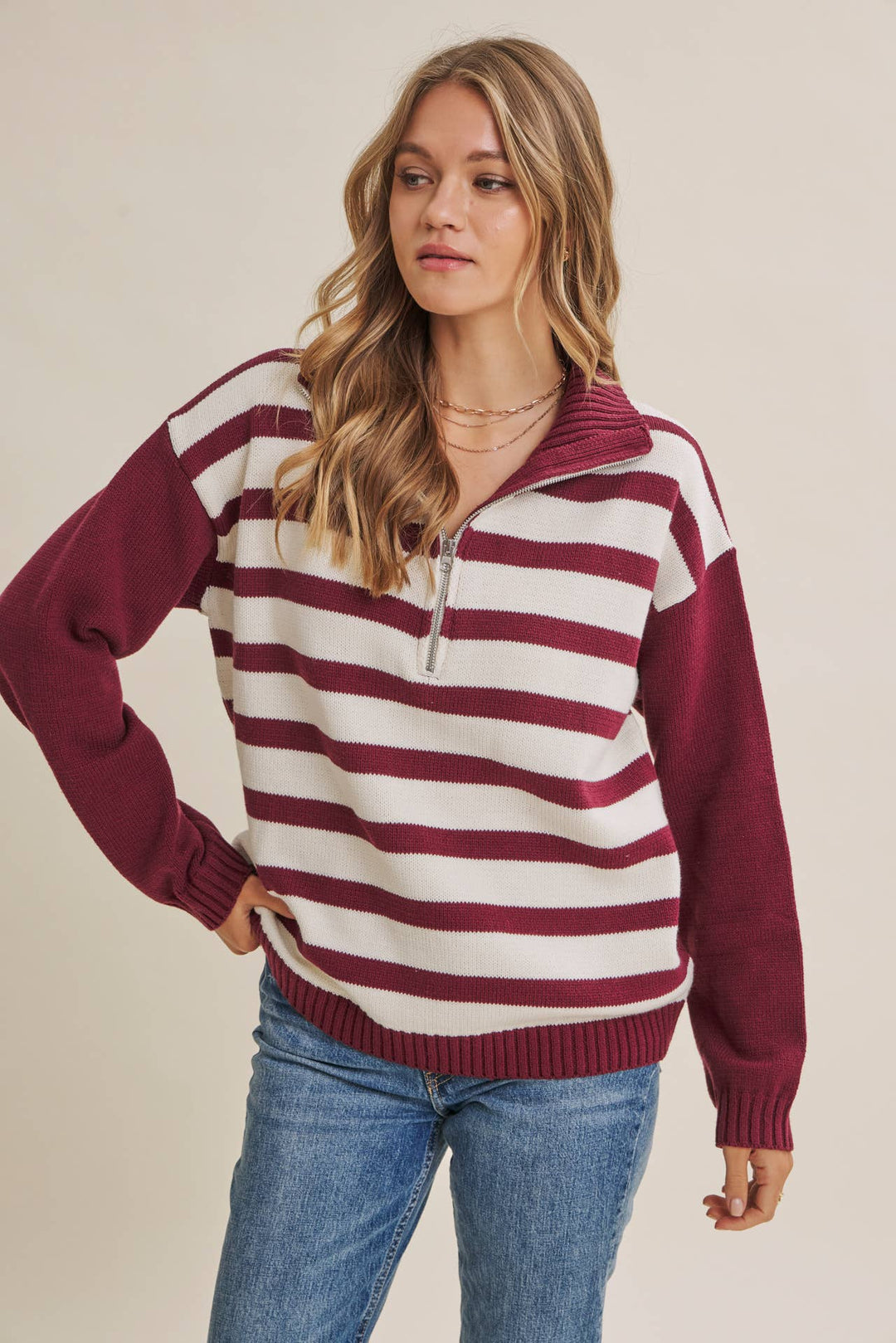 EVERGREEN DAYS CLASSIC HALF ZIP STRIPE PULLOVER SWEATER