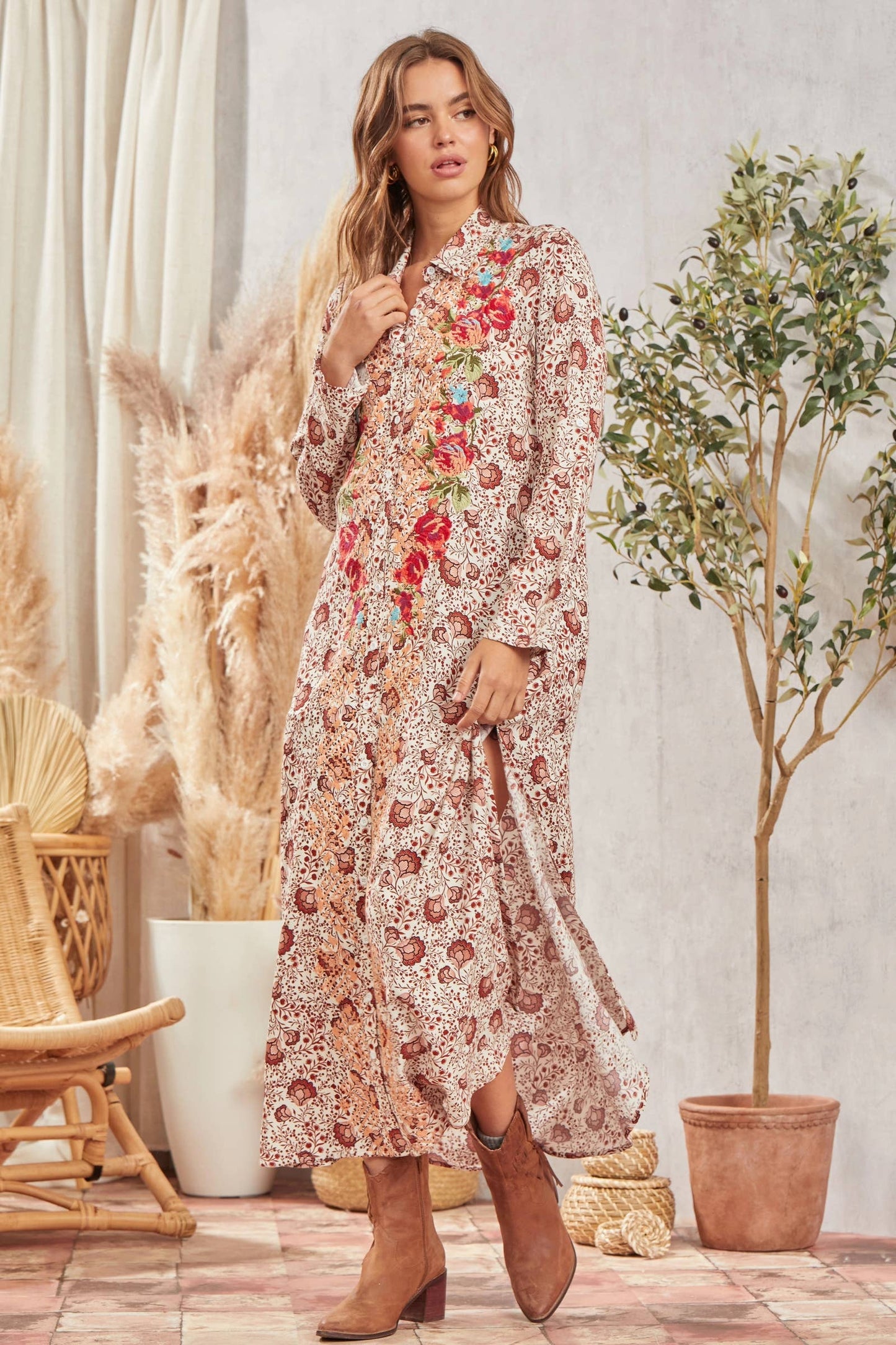 Button down print maxi shirt dress