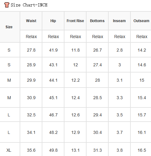Size chart in inches for clothing measurements with a clear table format.